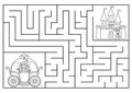 Fairytale black and white maze for kids with fantasy characters. Magic kingdom preschool printable activity with carriage, castle Royalty Free Stock Photo