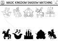 Fairytale black and white shadow matching activity with castle, princess, knight. Magic kingdom puzzle. Find correct silhouette Royalty Free Stock Photo