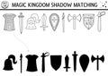 Fairytale black and white shadow matching activity with sward, shield, helmet. Magic kingdom puzzle with knight armor. Find Royalty Free Stock Photo