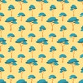 Fairytale blue yellow green forest seamless pattern bright contrasting scrapbook background