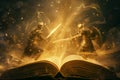 Fairytale book about mystical creatures and magical adventures. Two knights made of light particles fighting above the pages of Royalty Free Stock Photo