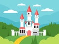 Fairytale cartoon flat landscape with castle. Cute fantasy palace with towers, fantasy fairy house. Old medieval stone