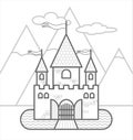 Fairytale Castle Against The Backdrop Of Mountains With Three Towers, With Flags, Gates, A Moat, Drawbridge. Outline Vector Image Royalty Free Stock Photo