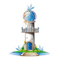 Fairytale castle with a blue domed roof, a balcony and crystals