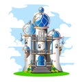 Fairytale castle with a blue domed roof, a balcony and crystals