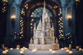 Fairytale Castle Cake With Turrets And Fairy Lights Wedding Cake On A Table In A Decorated Room