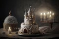 Fairytale Castle Cake With Turrets And Fairy Lights Wedding Cake On A Table In A Decorated Room. Generative AI