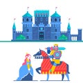 Fairytale castle. Characters Prince and Knight. Vector Illustrations