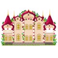 Fairytale castle festively decorated with flowers isolated on white background. Vector cartoon close-up illustration. Royalty Free Stock Photo