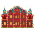 Fairytale castle festively decorated isolated on white background. Vector cartoon close-up illustration.