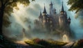 fairytale castle in a foggy morning