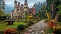 Fairytale castle with gardens, cobblestone paths, spires.. Royalty Free Stock Photo