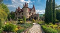 Fairytale castle with gardens, cobblestone paths, spires.. Royalty Free Stock Photo
