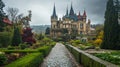 Fairytale castle with gardens, cobblestone paths, spires.. Royalty Free Stock Photo