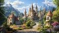Fairytale castle with gardens, cobblestone paths, spires.. Royalty Free Stock Photo