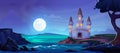 Fairytale castle on hill above stormy night sea Royalty Free Stock Photo