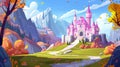 Fairytale castle in mountain valley with pink towers, green grass, leaves and rocks in fall landscape. Royalty Free Stock Photo