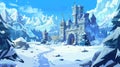 A fairytale castle near rocky mountains in winter under snow. A cartoon ancient palace with gate, towers, and flag at Royalty Free Stock Photo