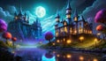 fairytale castle in night light Royalty Free Stock Photo