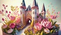 fairytale castle with pink blooming trees