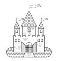 Fairytale Castle With A Princess, With Three Towers, With Flags, Gates, A Moat, Drawbridge. Outline Vector Image For Children`s