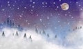 A fairytale castle silhouette on a hill surrounded by fir trees  covered in swirling snow clouds with a full moon Royalty Free Stock Photo