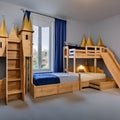 A fairytale castle-themed bunk bed for children, complete with a tower, slide, and hidden play space1, Generative AI