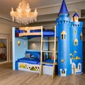 A fairytale castle-themed bunk bed for children, complete with a tower, slide, and hidden play space3, Generative AI