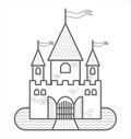 Fairytale Castle With Three Towers, With Flags, Gates, Moat, Drawbridge. Outline Vector Image. For Children`s Coloring Book. The Royalty Free Stock Photo