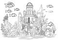 Fairytale castle by water.Underwater world.Simple line illustration for coloring book Atlantis.Coloring page