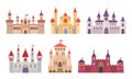 Fairytale castles. medieval buildings fortress fantasy gothic architecture towers for kings and queens. vector castles