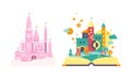 Fairytale castles, open book with fairy tale kingdom vector Illustration on a white background