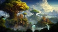 Fairytale castles under trees, mountains and waterfall created with Generative AI