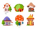 Fairytale castles. Wooden magic buildings fantasy village cottage vector cartoon houses Royalty Free Stock Photo