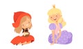 Fairytale Character with Princess Wearing Crown and Little Red Riding Hood with Basket Vector Set