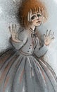Fairytale character of redhead doll-like girl with huge green eyes in gray dress shows opened palms with coquette sight. Royalty Free Stock Photo