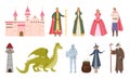 Fairytale characters. Cartoon medieval prince and princess, dragon, knight, witch and wizard. Magic royal castle, queen