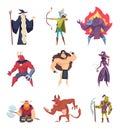 Fairytale characters. Fantasy creatures gremlins orc human warriors demon elf sorcerer giants vector cartoon pictures