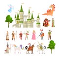 Fairytale characters. Fantasy medieval magic dragon, unicorn, princes and king, royal castle and knight vector set Royalty Free Stock Photo