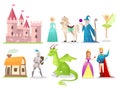 Fairytale characters flat vector illustrations set. Brave knight fighting with dragon. Magic fairy and wizard. Cartoon Royalty Free Stock Photo