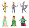 Fairytale characters. Historical medieval people, king and queen, princess and knight, jester. Woman and man of middle Royalty Free Stock Photo