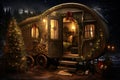 Fairytale Christmas caravan decorated with lights and a Christmas tree with presents.