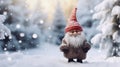 Fairytale Christmas gnome on winter background with space for text