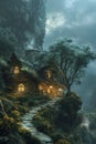 Fairytale cottage by cliff with night sky