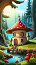 Fairytale cozy fly agaric mushroom house by brook in woods Royalty Free Stock Photo