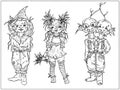 Fairytale, cute cartoon characters in full growth, one in big hat and high trousers, second the girl in dress with bows