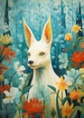 Fairytale dog surrounded by flowers. Gorgeous illustrations of characteristic animal portraits in the style of colorful