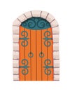 Fairytale door medieval. Element of medieval castle or fortres. Wooden portal with stone arch, forged metal hinges