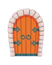 Fairytale door medieval. Element of medieval castle or fortres. Wooden portal with stone arch, forged metal hinges