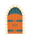 Fairytale door medieval. Element of medieval castle or fortres. Wooden portal with stone arch, forged metal hinges